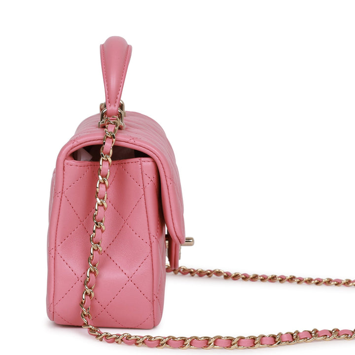Top Quality Chanel Mini Rectangular Flap with Top Handle Dark Pink Lambskin Light Gold Hardware