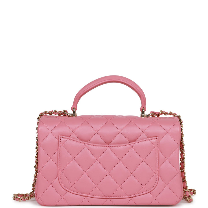 Top Quality Chanel Mini Rectangular Flap with Top Handle Dark Pink Lambskin Light Gold Hardware