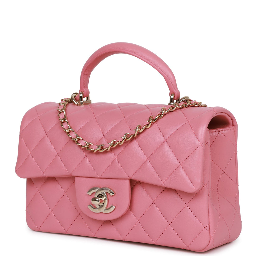 Top Quality Chanel Mini Rectangular Flap with Top Handle Dark Pink Lambskin Light Gold Hardware