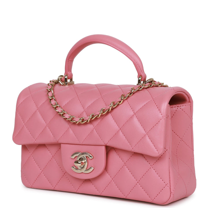 Top Quality Chanel Mini Rectangular Flap with Top Handle Dark Pink Lambskin Light Gold Hardware
