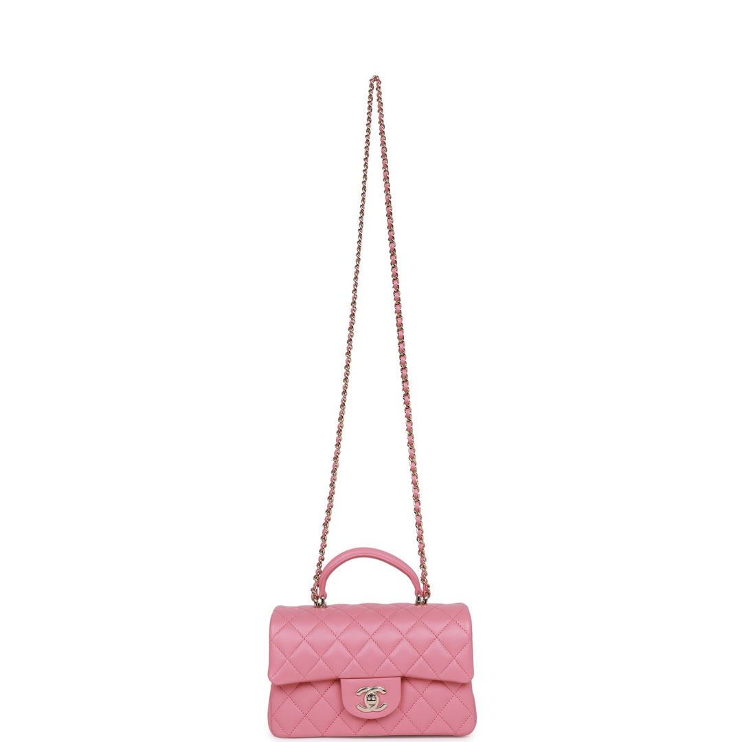 Top Quality Chanel Mini Rectangular Flap with Top Handle Dark Pink Lambskin Light Gold Hardware