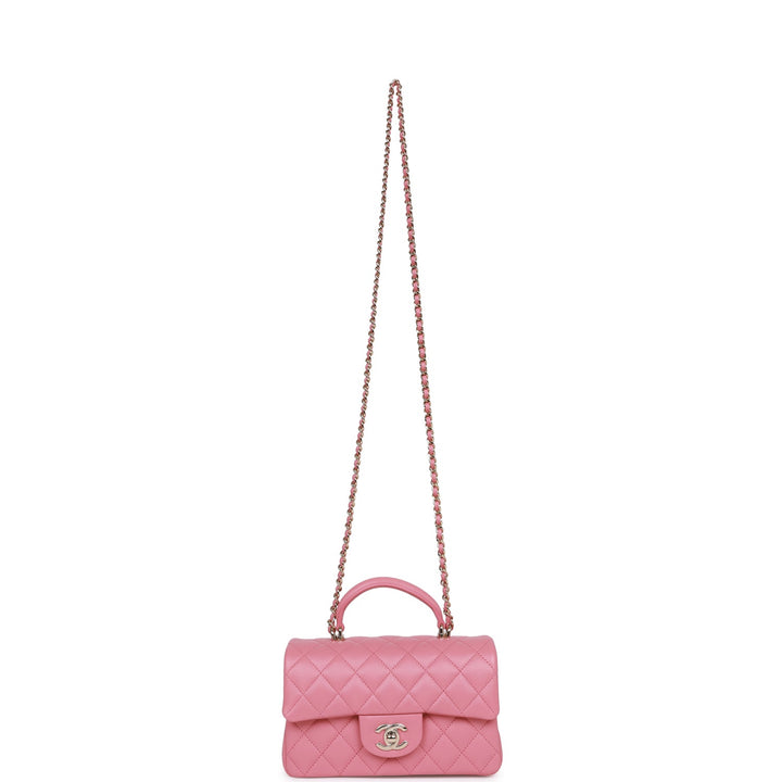 Top Quality Chanel Mini Rectangular Flap with Top Handle Dark Pink Lambskin Light Gold Hardware