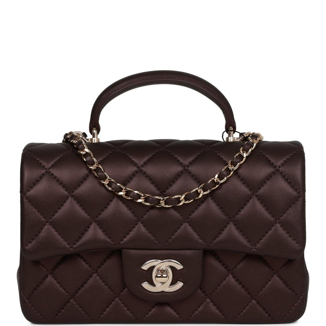 Top Quality Chanel Mini Rectangular Flap Bag with Top Handle Burgundy Lambskin Light Gold Hardware