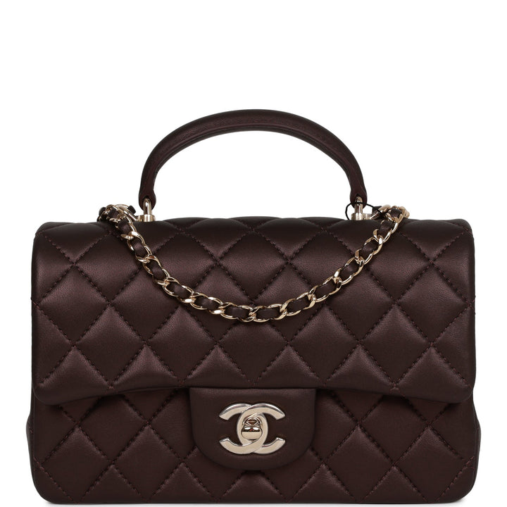 Top Quality Chanel Mini Rectangular Flap Bag with Top Handle Burgundy Lambskin Light Gold Hardware