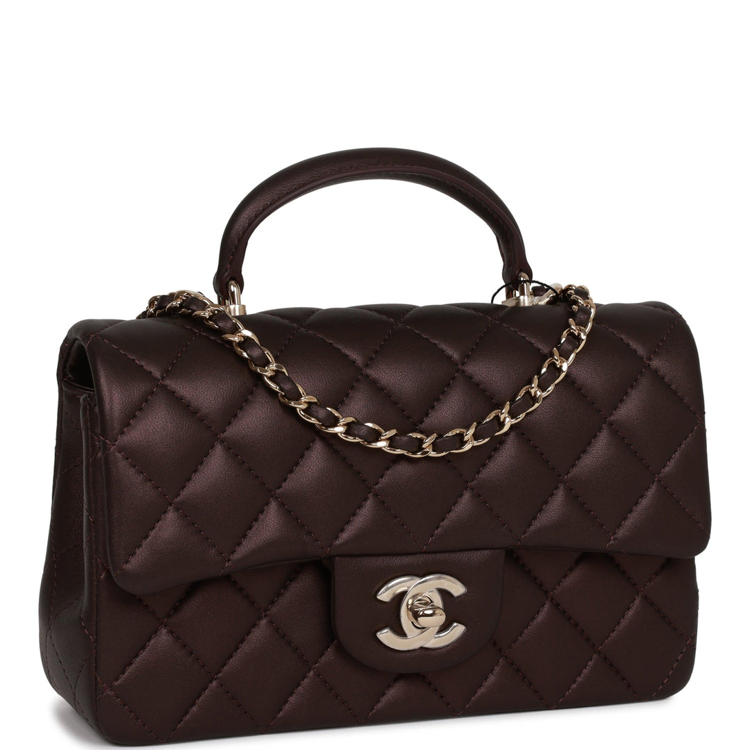 Top Quality Chanel Mini Rectangular Flap Bag with Top Handle Burgundy Lambskin Light Gold Hardware
