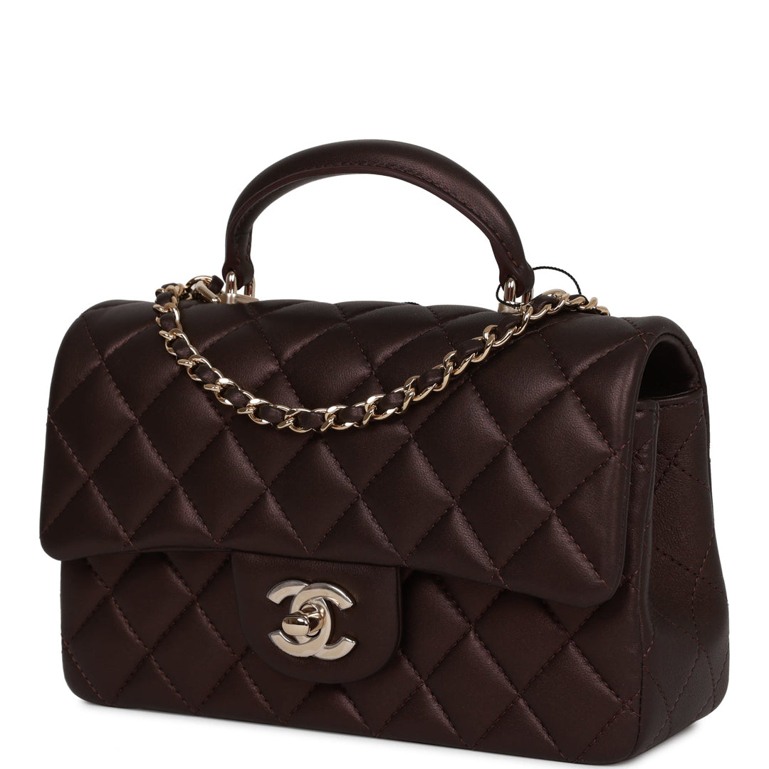 Top Quality Chanel Mini Rectangular Flap Bag with Top Handle Burgundy Lambskin Light Gold Hardware
