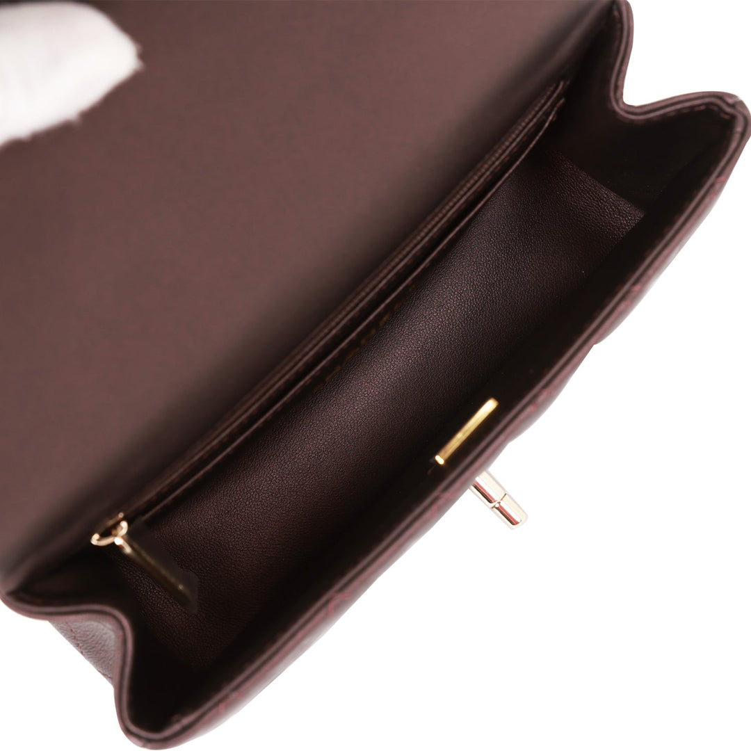 Top Quality Chanel Mini Rectangular Flap Bag with Top Handle Burgundy Lambskin Light Gold Hardware
