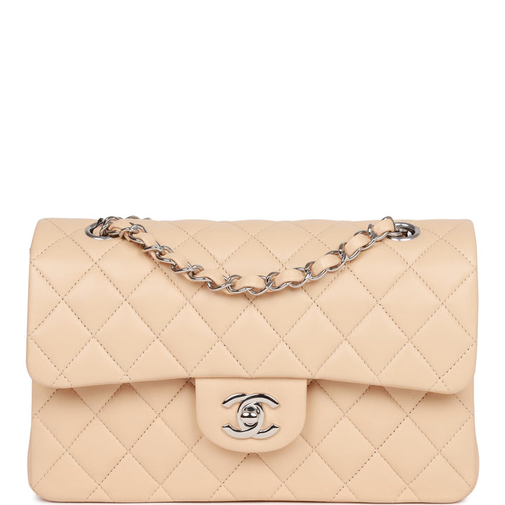 Top Quality Chanel Small Classic Double Flap Beige Lambskin Silver Hardware New Bag