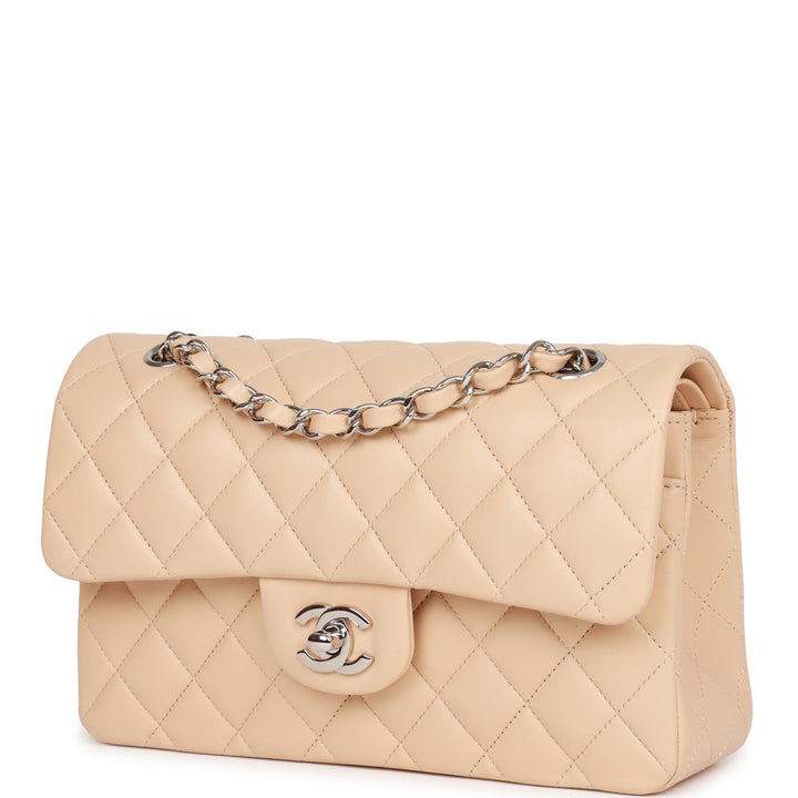 Top Quality Chanel Small Classic Double Flap Beige Lambskin Silver Hardware New Bag