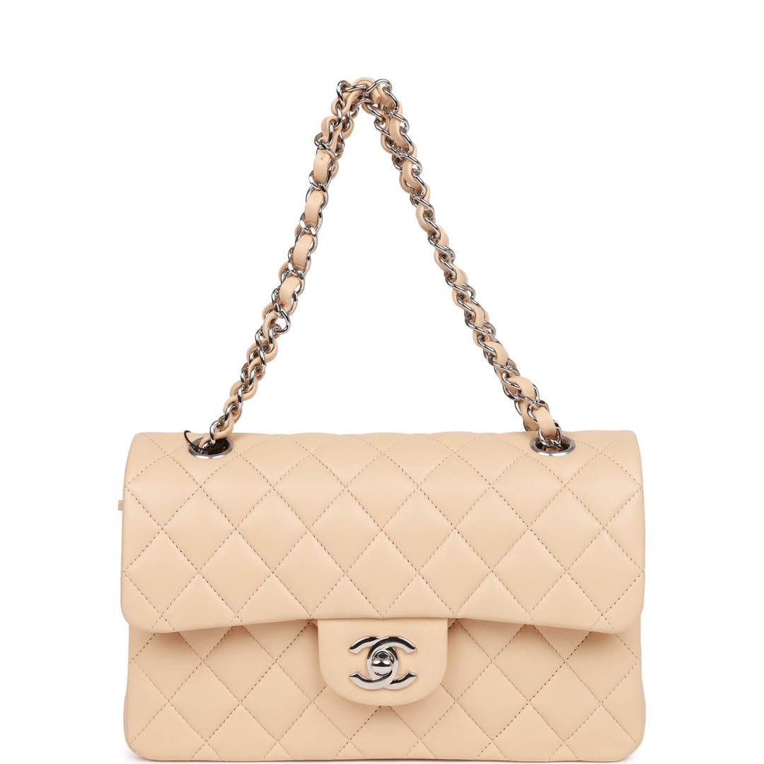 Top Quality Chanel Small Classic Double Flap Beige Lambskin Silver Hardware New Bag