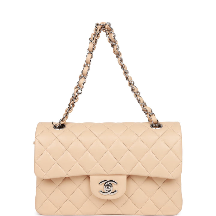 Top Quality Chanel Small Classic Double Flap Beige Lambskin Silver Hardware New Bag