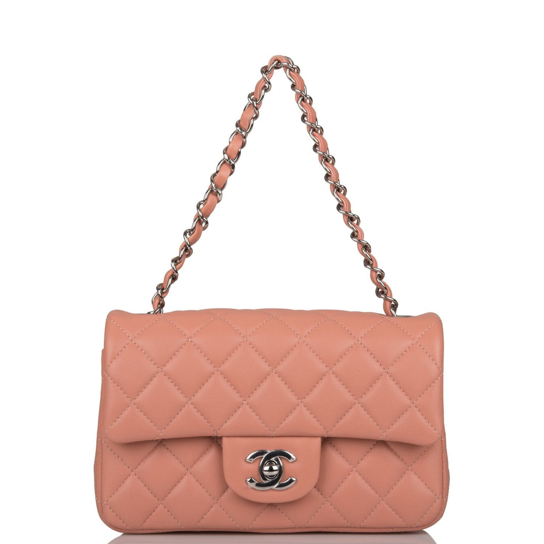 Top Quality Chanel Mini Rectangular Flap Bag Rose Lambskin Silver Hardware