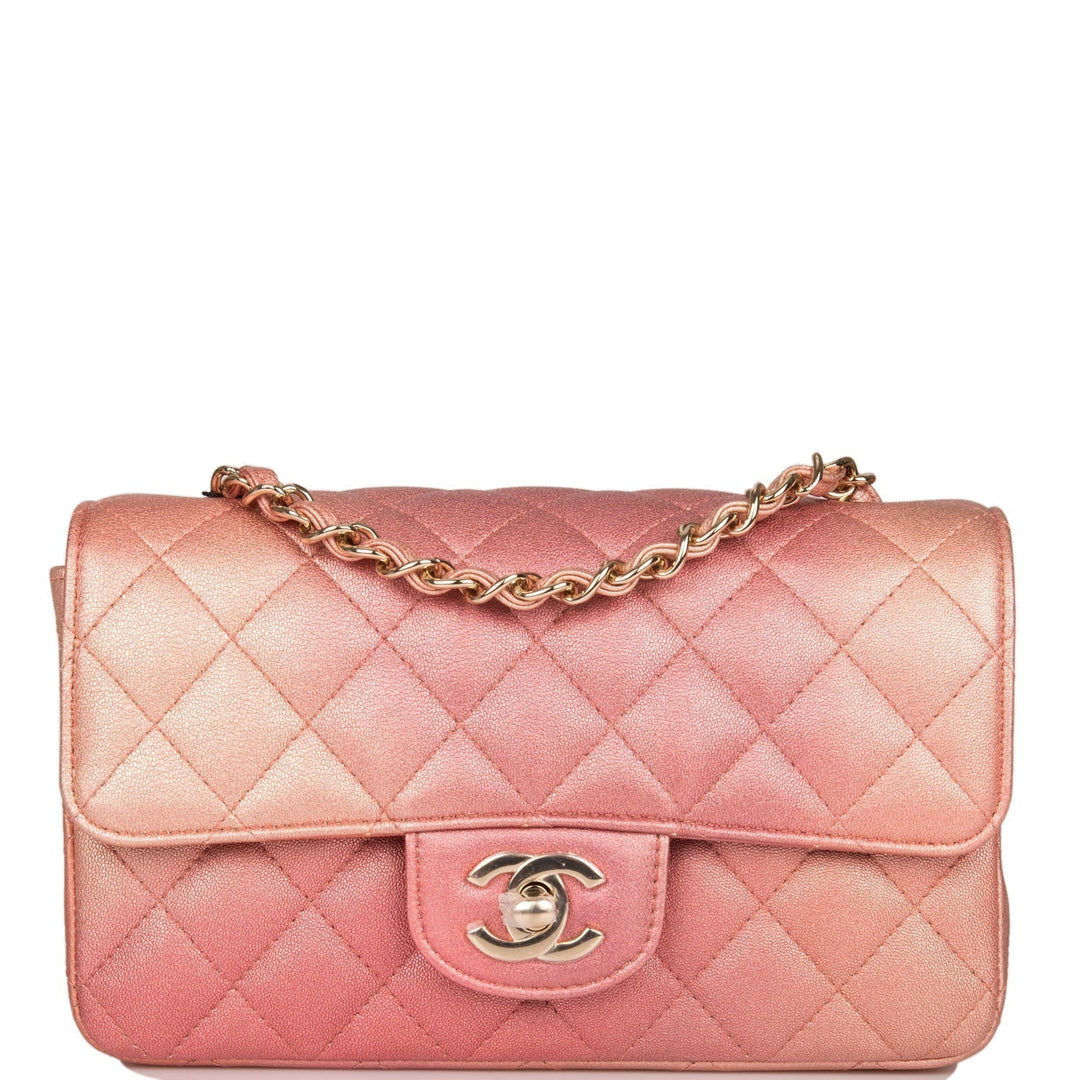 Top Quality Chanel Mini Rectangular Flap Bag Pink Ombre Metallic Lambskin Light Gold Hardware