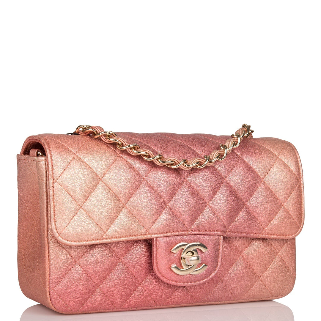 Top Quality Chanel Mini Rectangular Flap Bag Pink Ombre Metallic Lambskin Light Gold Hardware