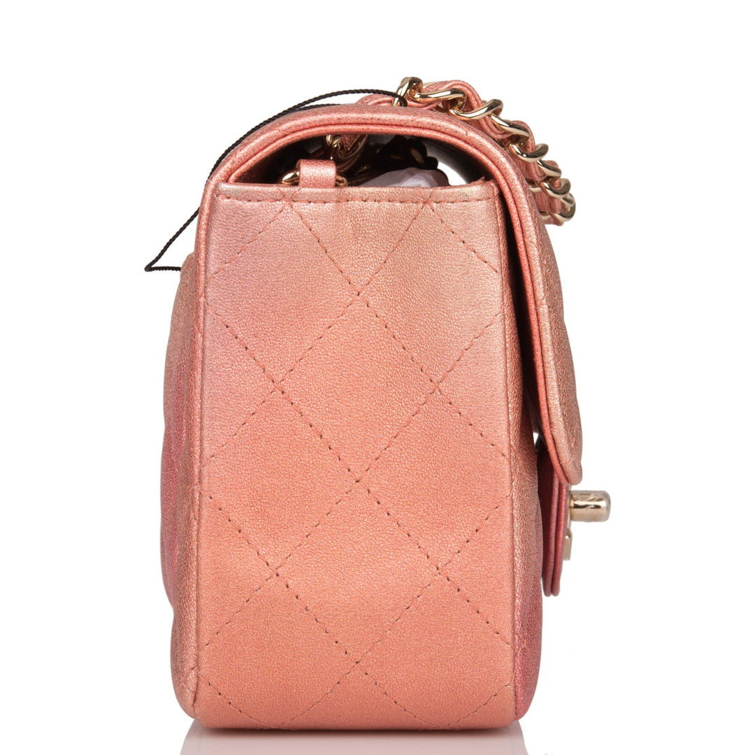 Top Quality Chanel Mini Rectangular Flap Bag Pink Ombre Metallic Lambskin Light Gold Hardware