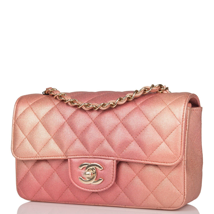 Top Quality Chanel Mini Rectangular Flap Bag Pink Ombre Metallic Lambskin Light Gold Hardware