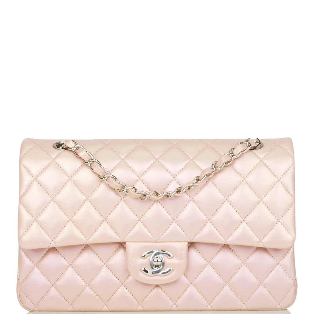 Top Quality Chanel Medium Classic Double Flap Bag Pink Iridescent Lambskin Silver Hardware