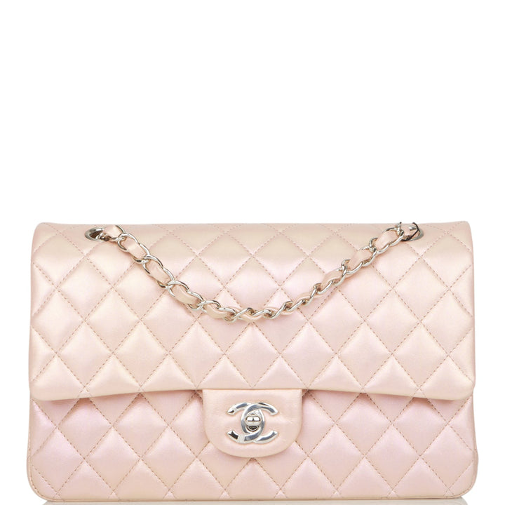 Top Quality Chanel Medium Classic Double Flap Bag Pink Iridescent Lambskin Silver Hardware