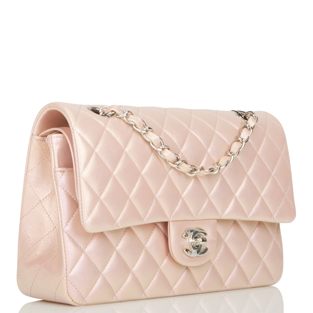 Top Quality Chanel Medium Classic Double Flap Bag Pink Iridescent Lambskin Silver Hardware