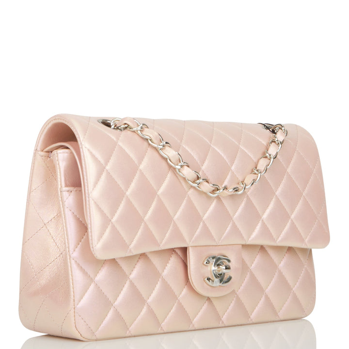 Top Quality Chanel Medium Classic Double Flap Bag Pink Iridescent Lambskin Silver Hardware