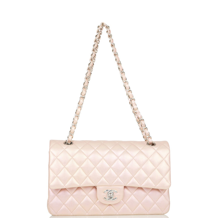 Top Quality Chanel Medium Classic Double Flap Bag Pink Iridescent Lambskin Silver Hardware