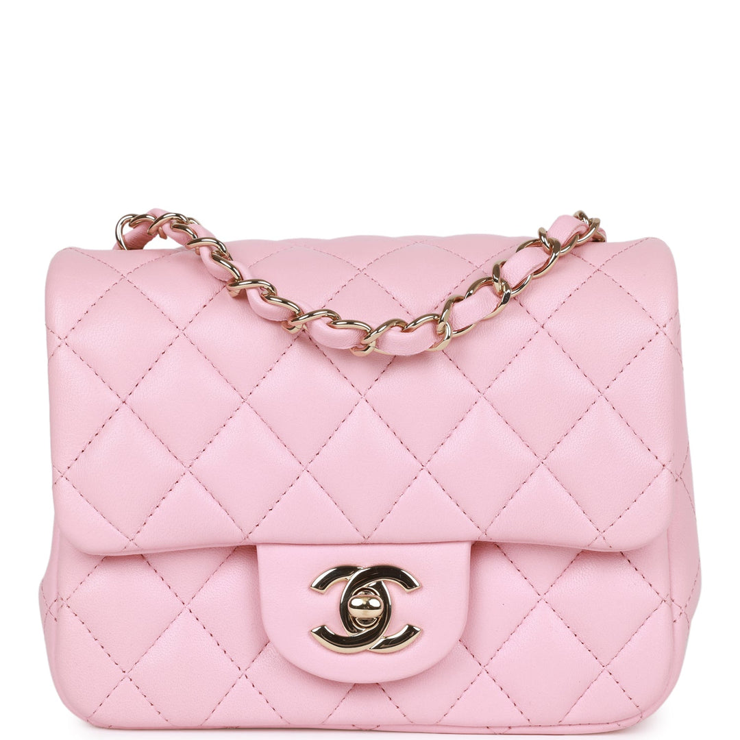 Top Quality Chanel Mini Square Flap Pink Lambskin Light Gold Hardware