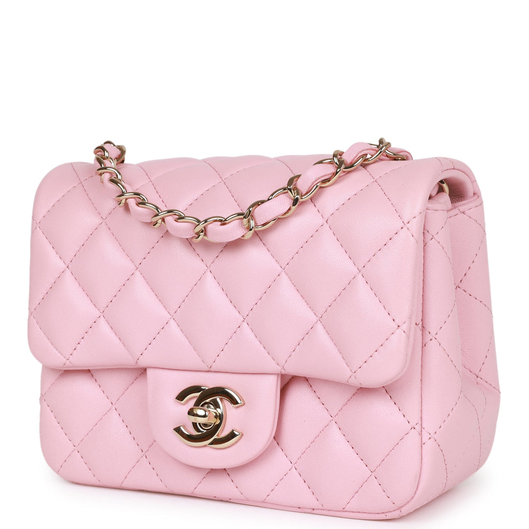 Top Quality Chanel Mini Square Flap Pink Lambskin Light Gold Hardware