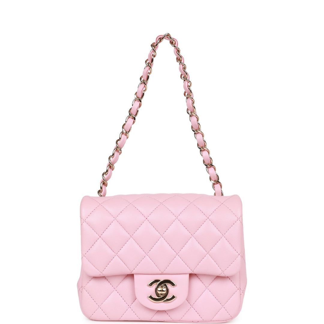 Top Quality Chanel Mini Square Flap Pink Lambskin Light Gold Hardware