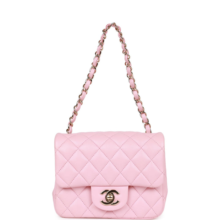 Top Quality Chanel Mini Square Flap Pink Lambskin Light Gold Hardware
