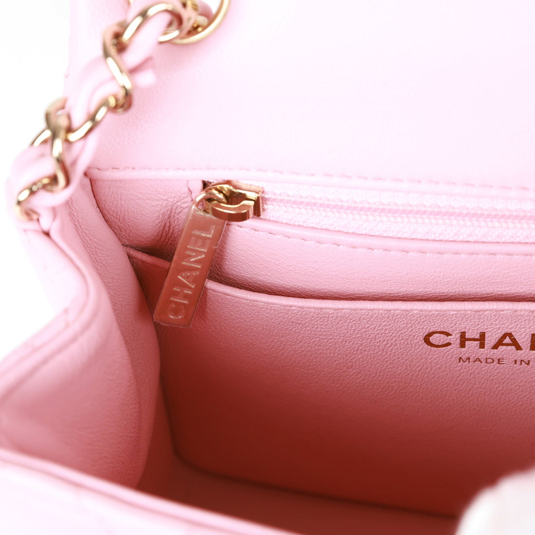 Top Quality Chanel Mini Square Flap Pink Lambskin Light Gold Hardware