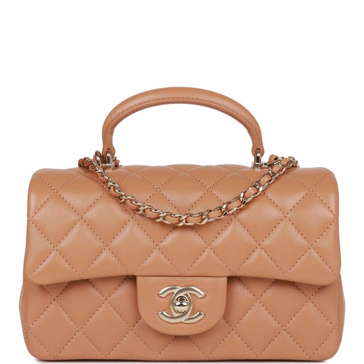 Top Quality Chanel Mini Rectangular Flap with Top Handle Caramel Lambskin Light Gold Hardware