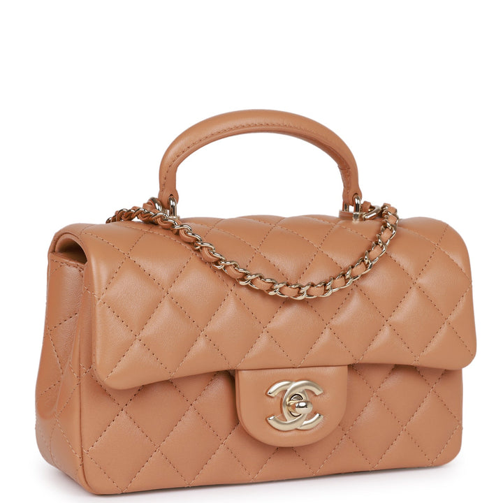 Top Quality Chanel Mini Rectangular Flap with Top Handle Caramel Lambskin Light Gold Hardware