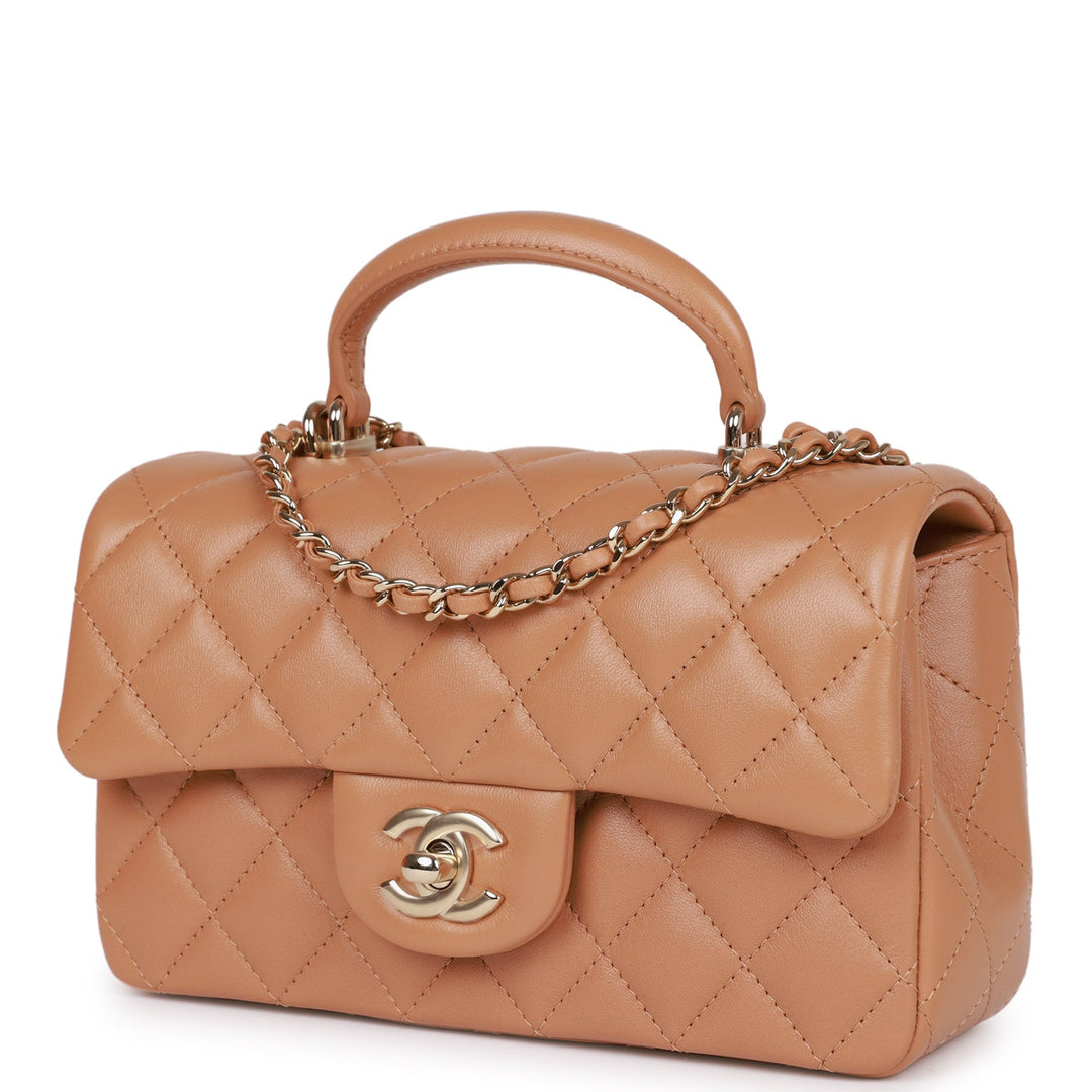 Top Quality Chanel Mini Rectangular Flap with Top Handle Caramel Lambskin Light Gold Hardware