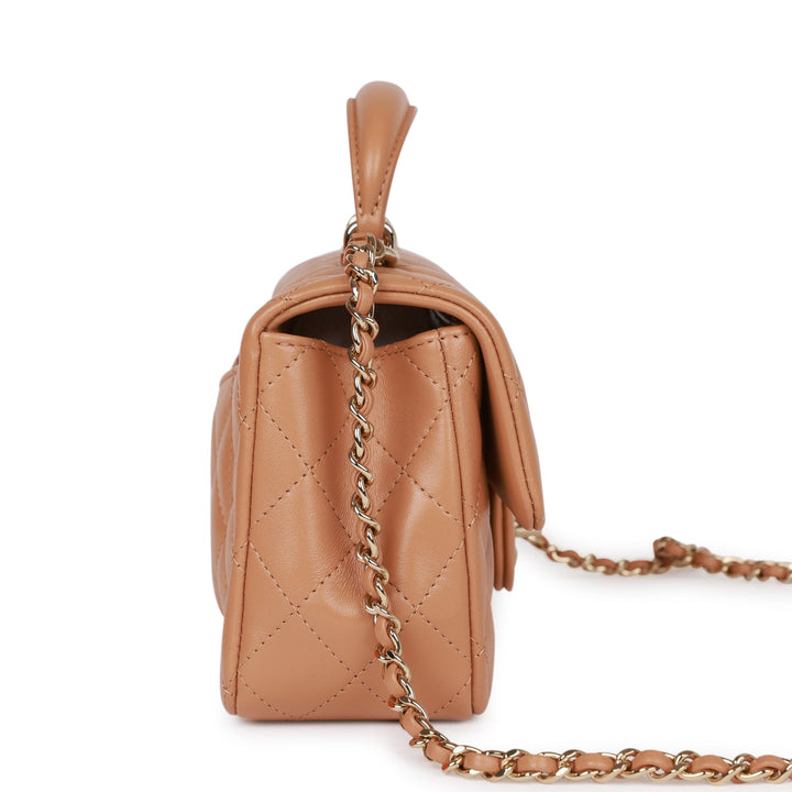 Top Quality Chanel Mini Rectangular Flap with Top Handle Caramel Lambskin Light Gold Hardware