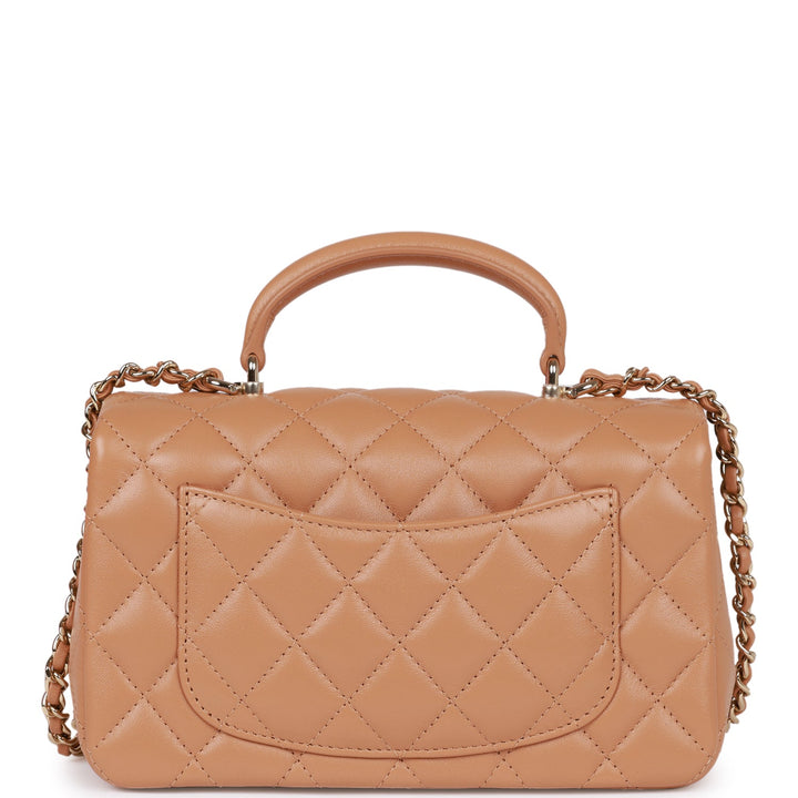 Top Quality Chanel Mini Rectangular Flap with Top Handle Caramel Lambskin Light Gold Hardware