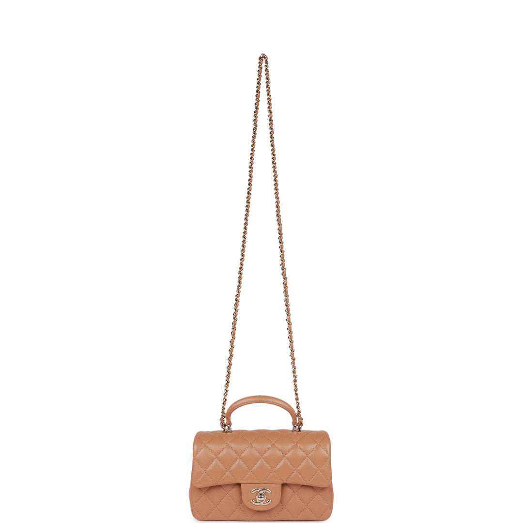 Top Quality Chanel Mini Rectangular Flap with Top Handle Caramel Lambskin Light Gold Hardware