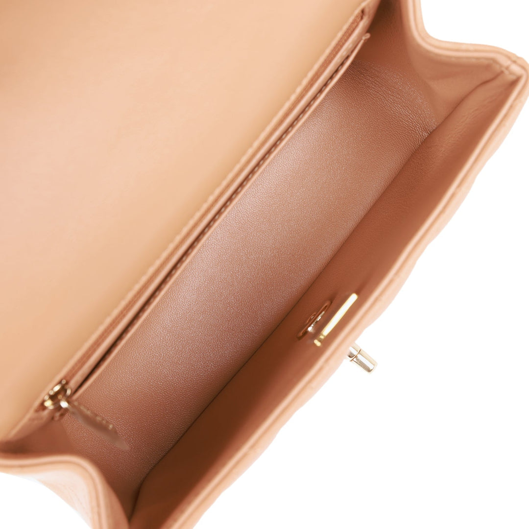 Top Quality Chanel Mini Rectangular Flap with Top Handle Caramel Lambskin Light Gold Hardware