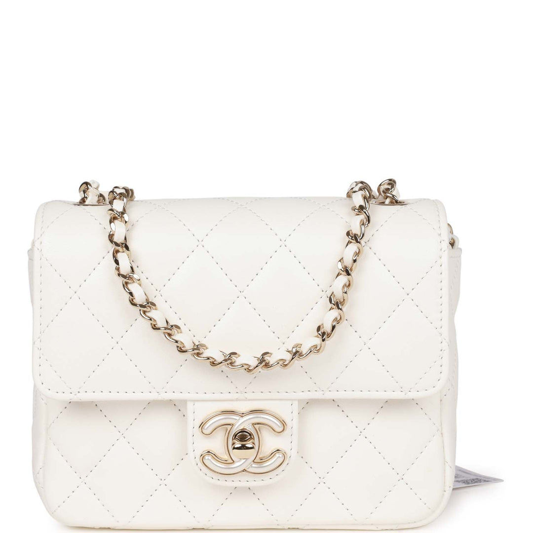 Top Quality Chanel Sweet Mini Square Flap Bag White Lambskin Light Gold Hardware