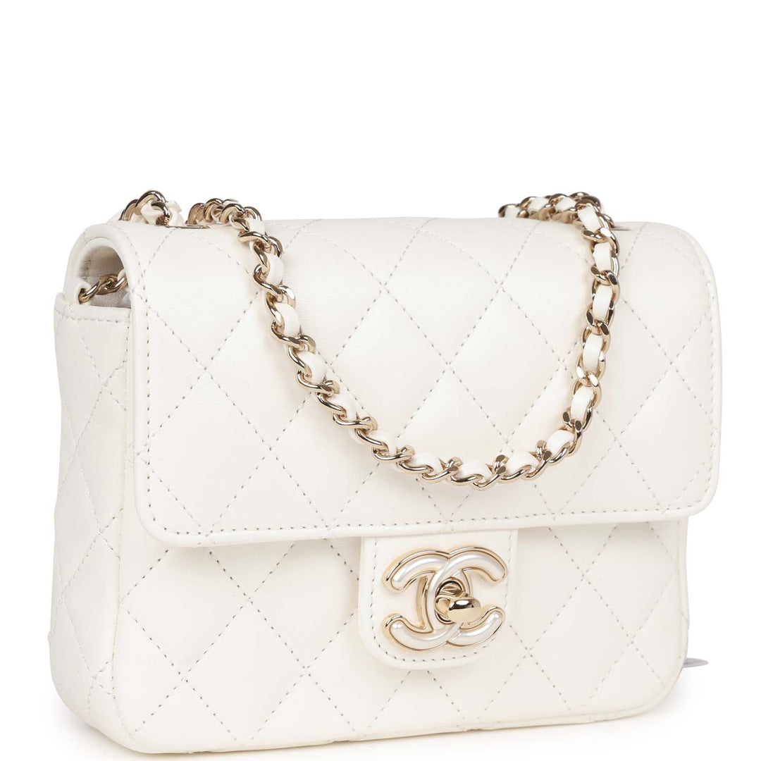 Top Quality Chanel Sweet Mini Square Flap Bag White Lambskin Light Gold Hardware