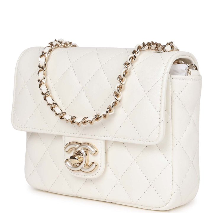 Top Quality Chanel Sweet Mini Square Flap Bag White Lambskin Light Gold Hardware