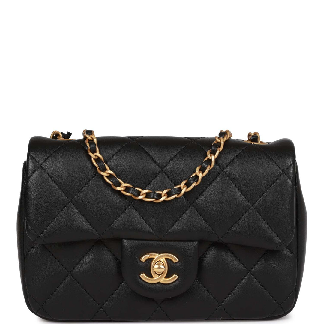Top Quality Chanel Mini Rectangular Heart Flap Bag Black Lambskin Aged Gold Hardware