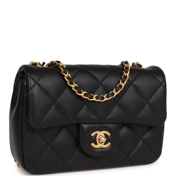 Top Quality Chanel Mini Rectangular Heart Flap Bag Black Lambskin Aged Gold Hardware