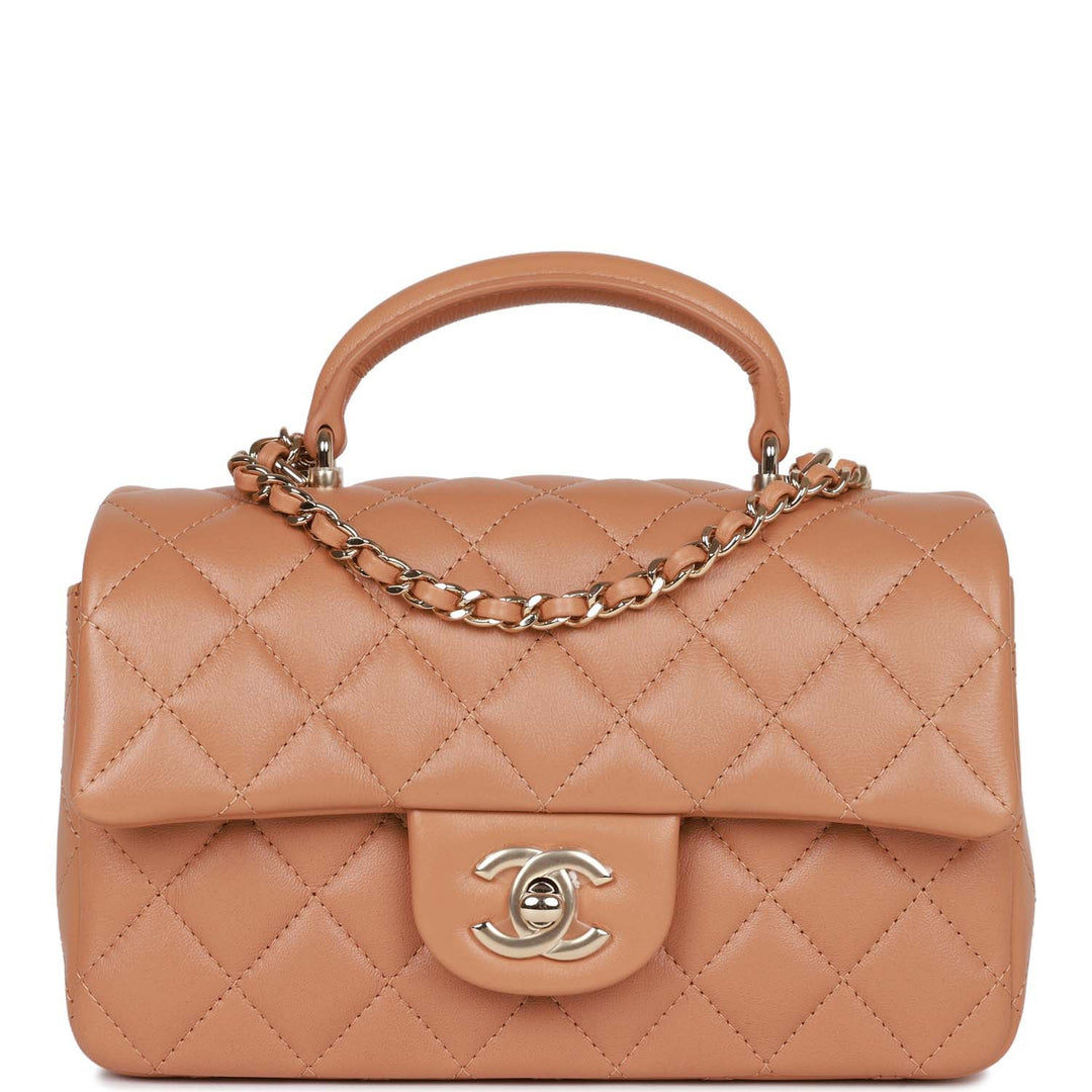 Top Quality Chanel Mini Rectangular Flap with Top Handle Caramel Lambskin Light Gold Hardware