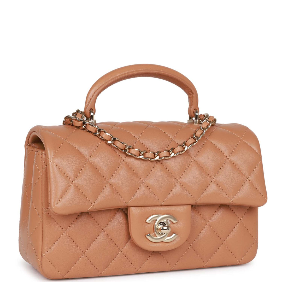 Top Quality Chanel Mini Rectangular Flap with Top Handle Caramel Lambskin Light Gold Hardware