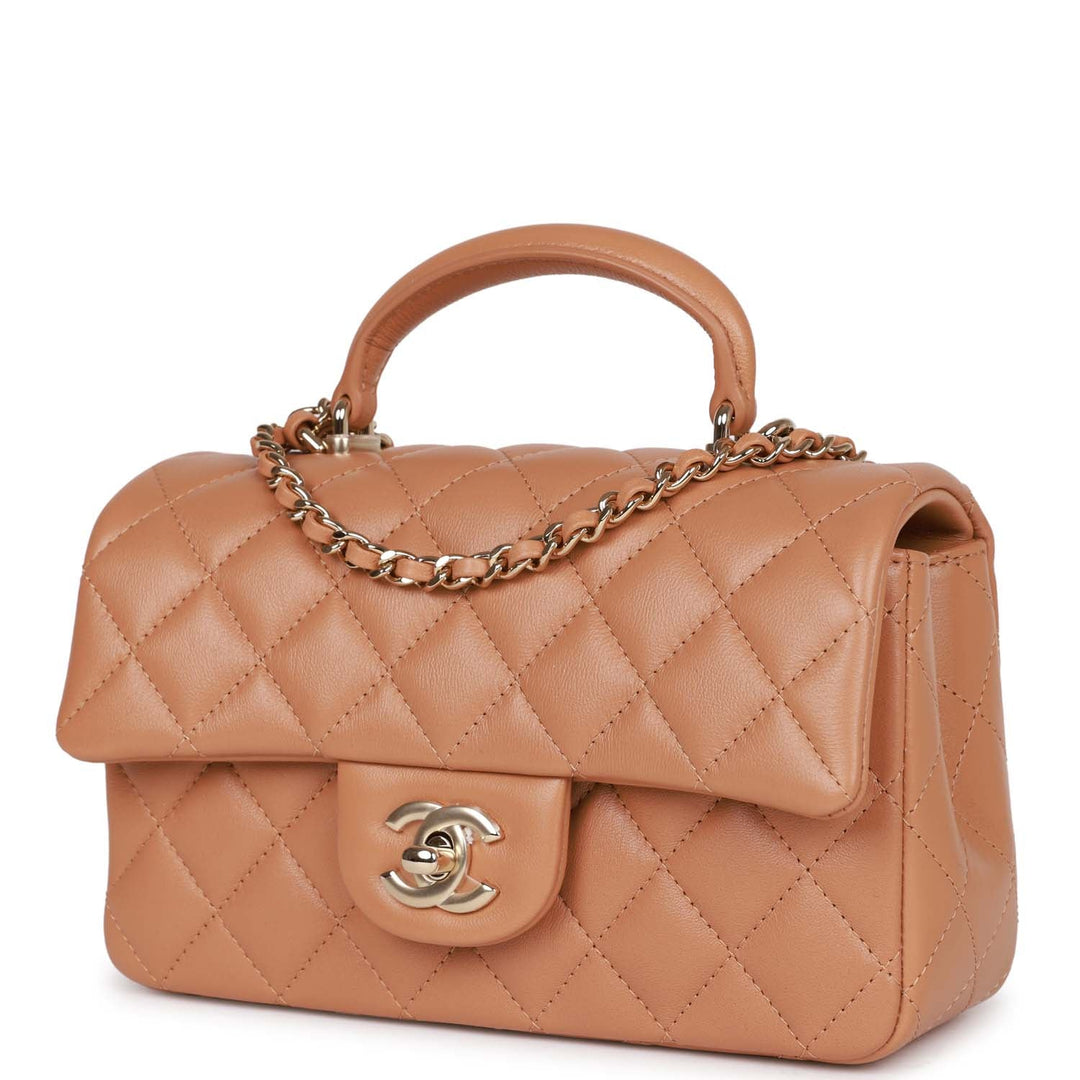 Top Quality Chanel Mini Rectangular Flap with Top Handle Caramel Lambskin Light Gold Hardware