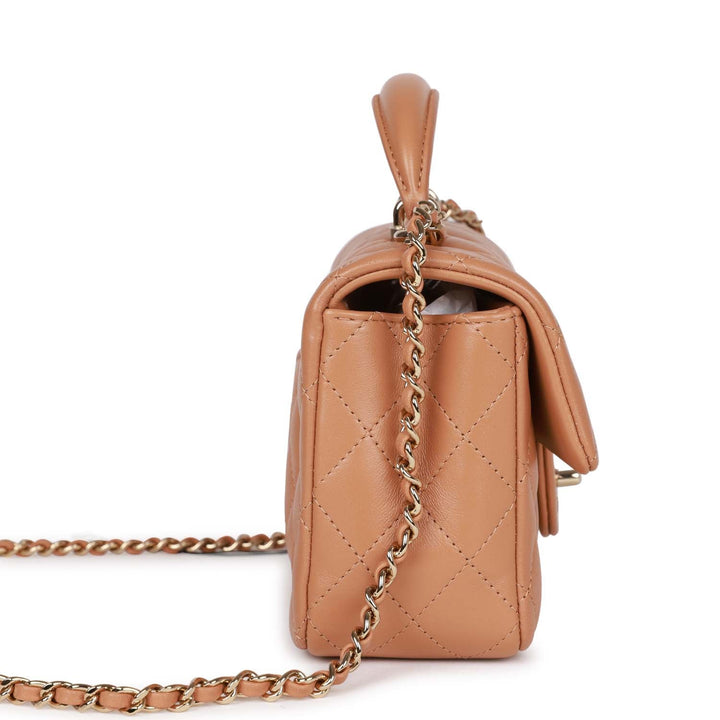 Top Quality Chanel Mini Rectangular Flap with Top Handle Caramel Lambskin Light Gold Hardware