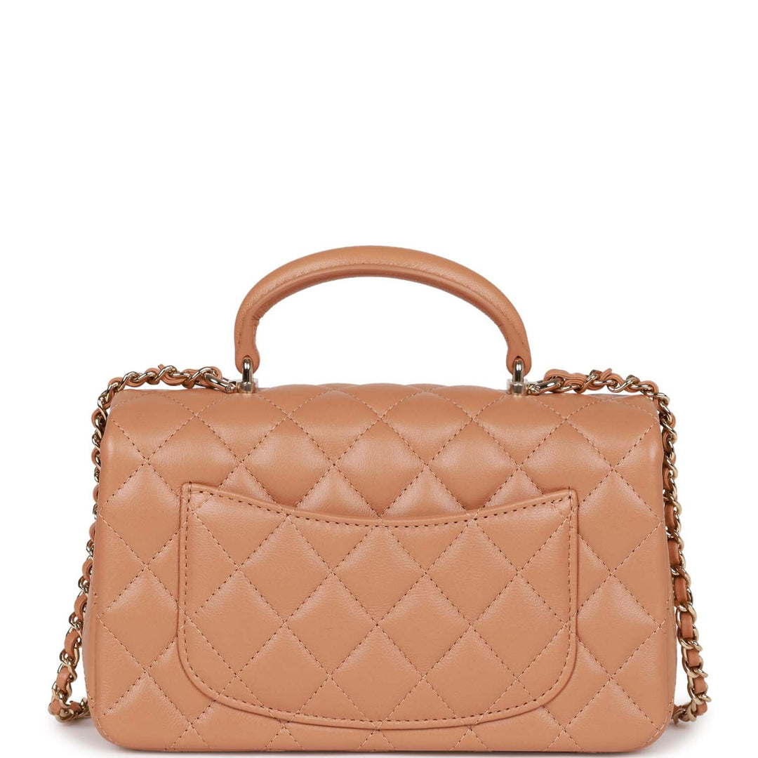 Top Quality Chanel Mini Rectangular Flap with Top Handle Caramel Lambskin Light Gold Hardware