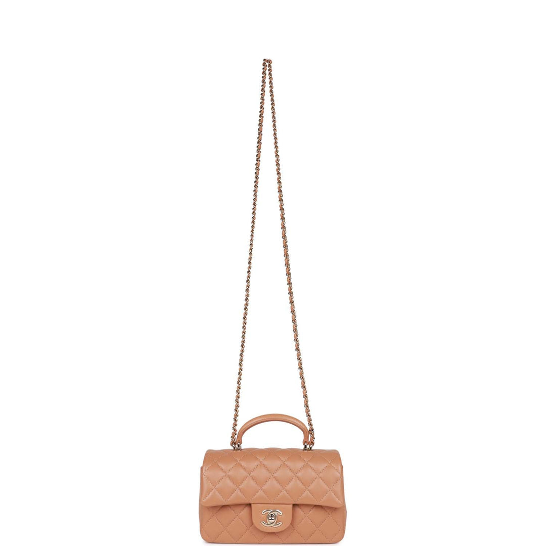 Top Quality Chanel Mini Rectangular Flap with Top Handle Caramel Lambskin Light Gold Hardware
