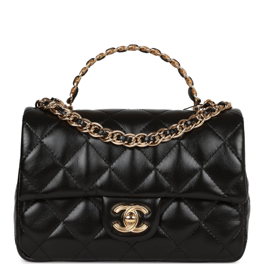 Top Quality Chanel Mini Rectangular Flap with Top Handle Black Lambskin Gold Hardware