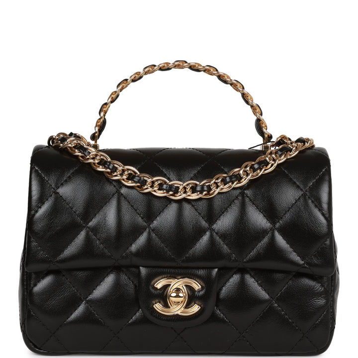 Top Quality Chanel Mini Rectangular Flap with Top Handle Black Lambskin Gold Hardware
